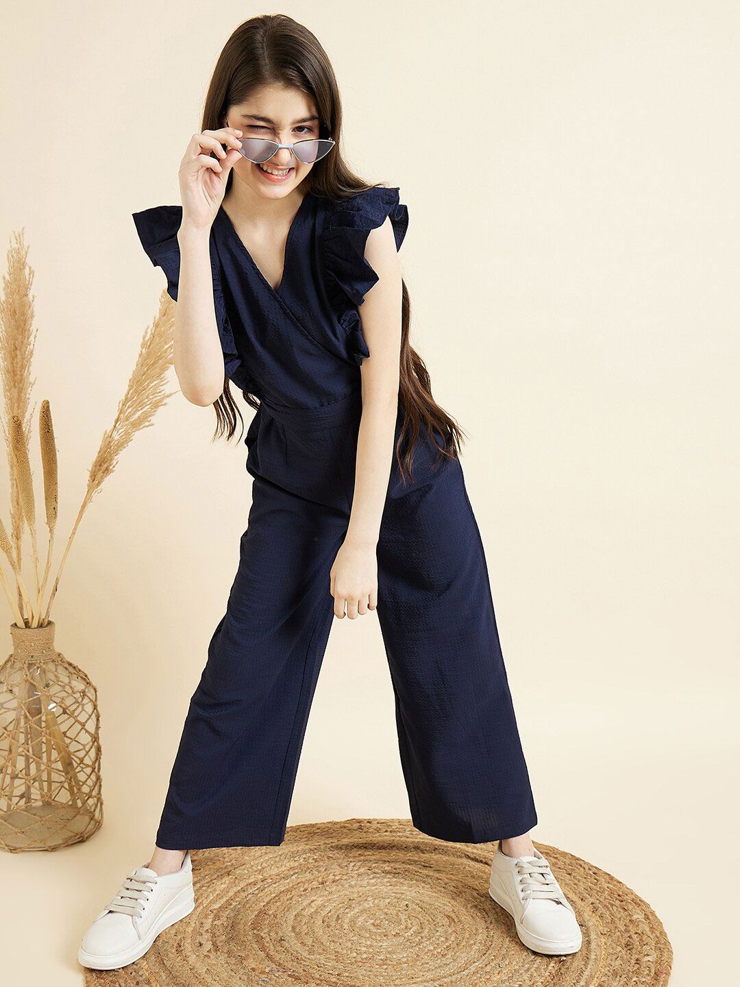 Girls V-Neck Ruffled Waist Tie-Up Basic Jumpsuit 6