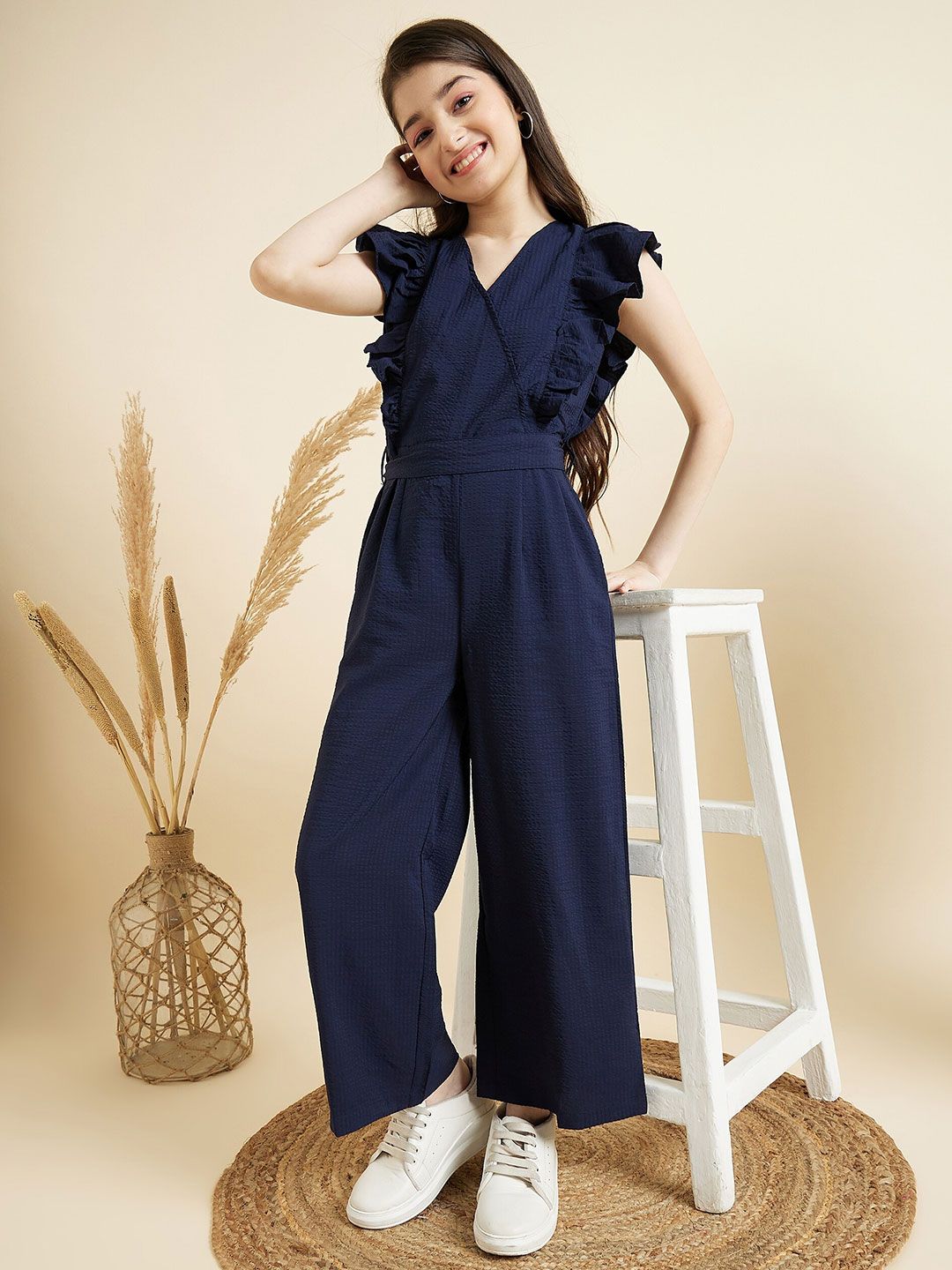 Girls V-Neck Ruffled Waist Tie-Up Basic Jumpsuit 7