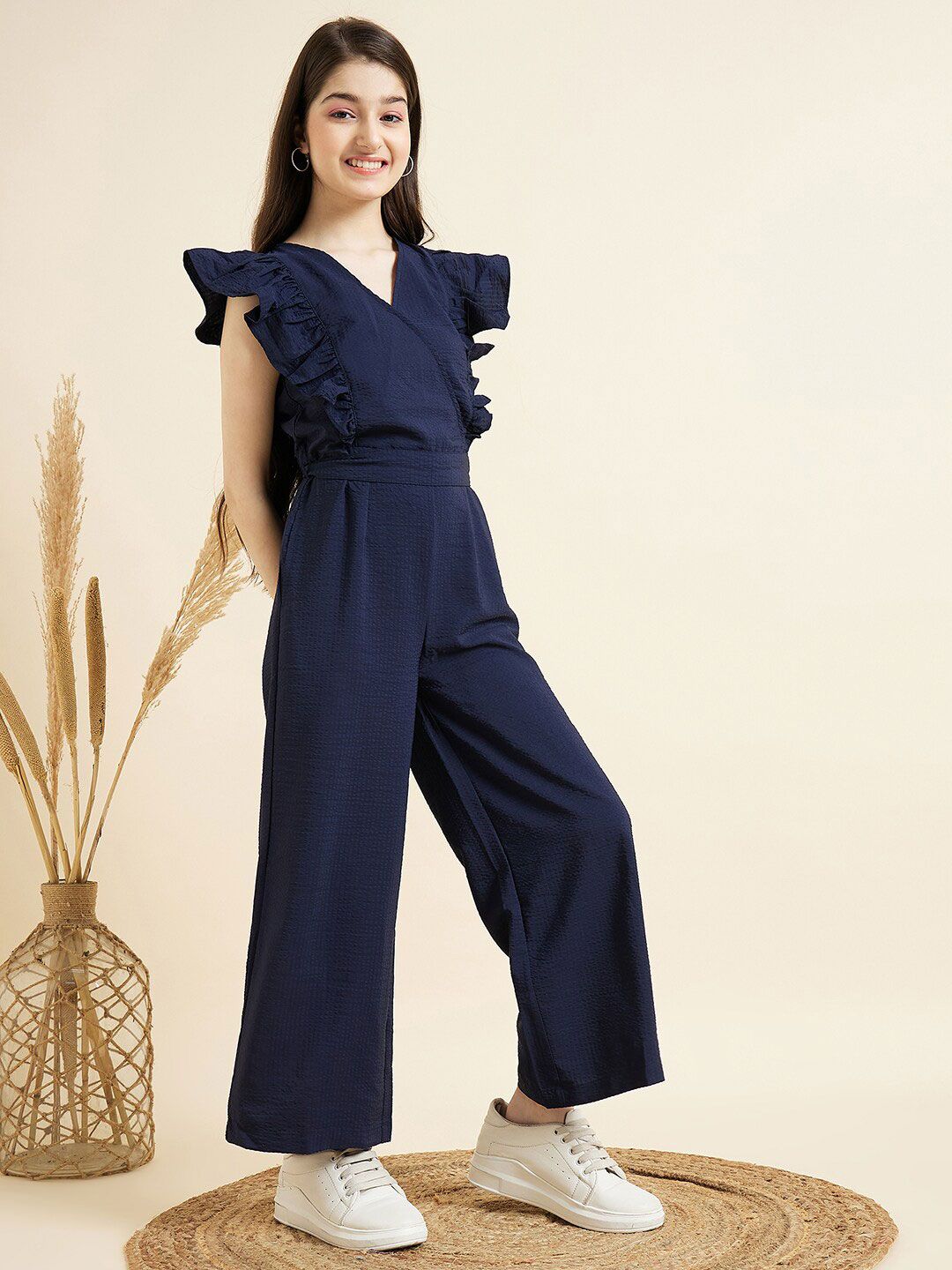 Girls V-Neck Ruffled Waist Tie-Up Basic Jumpsuit 5