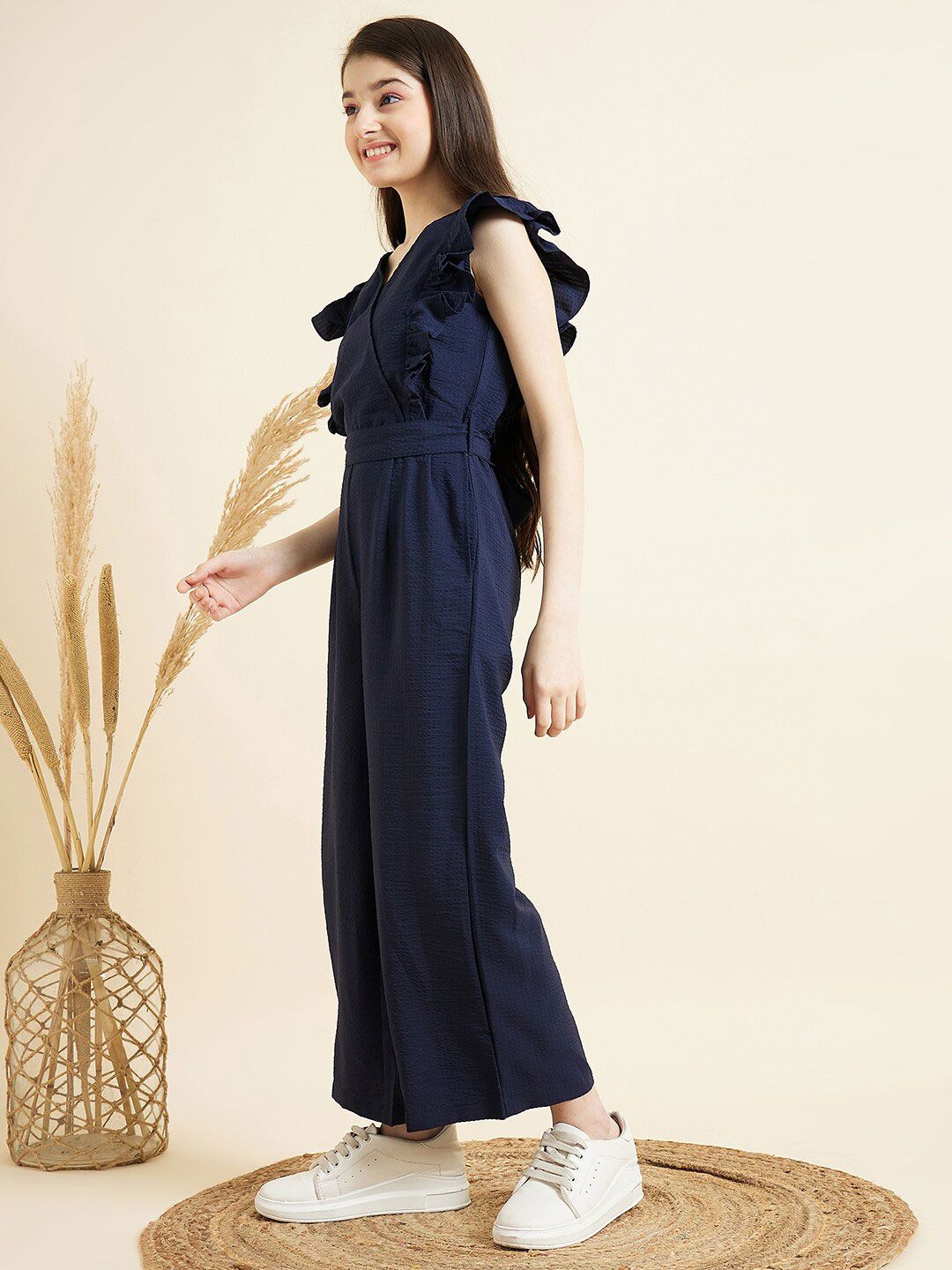 Girls V-Neck Ruffled Waist Tie-Up Basic Jumpsuit 3