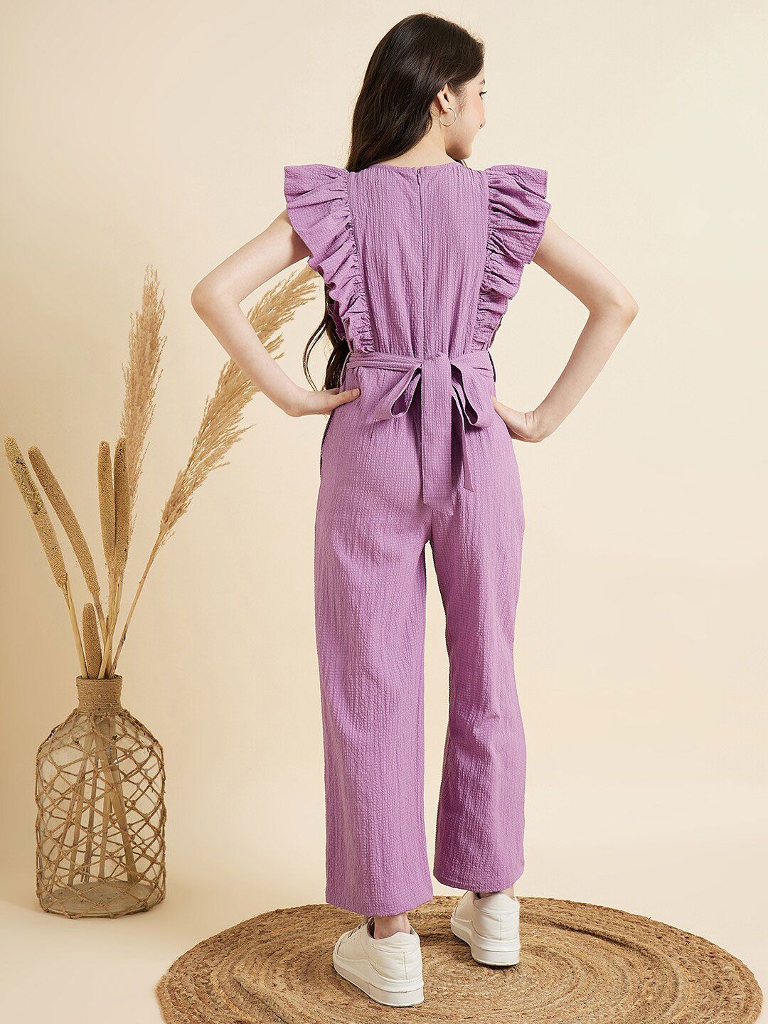 Girls V-Neck Ruffled Waist Tie-Up Basic Jumpsuit 4