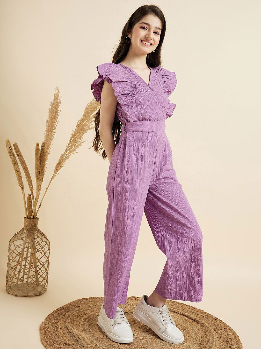 Girls V-Neck Ruffled Waist Tie-Up Basic Jumpsuit 5