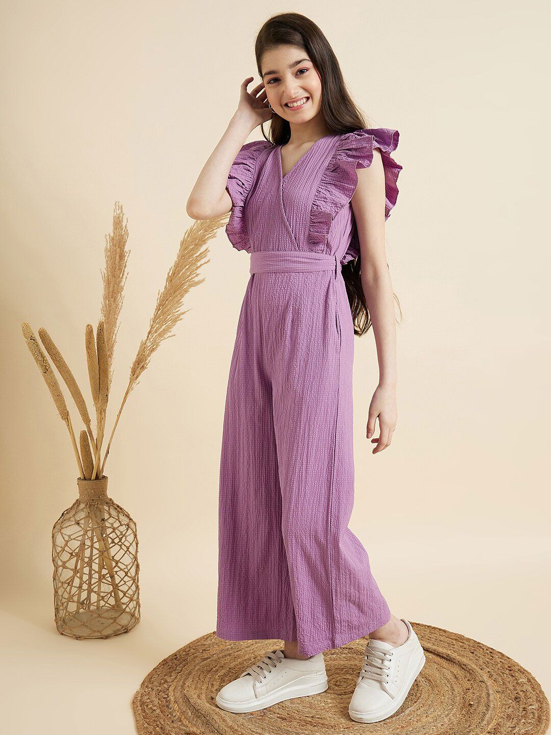 Girls V-Neck Ruffled Waist Tie-Up Basic Jumpsuit 3