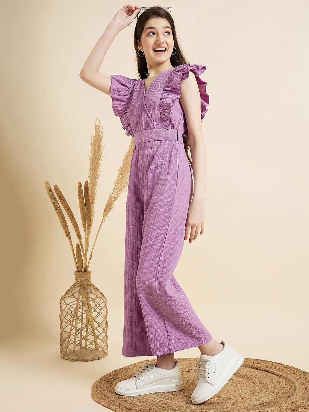 Girls V-Neck Ruffled Waist Tie-Up Basic Jumpsuit 6