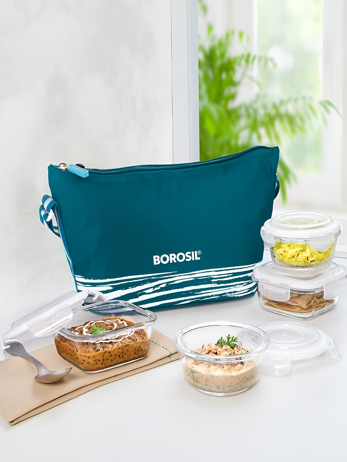 BOROSIL 4 Pieces Teal Blue & Transparent Glass Lunch Box With Bag