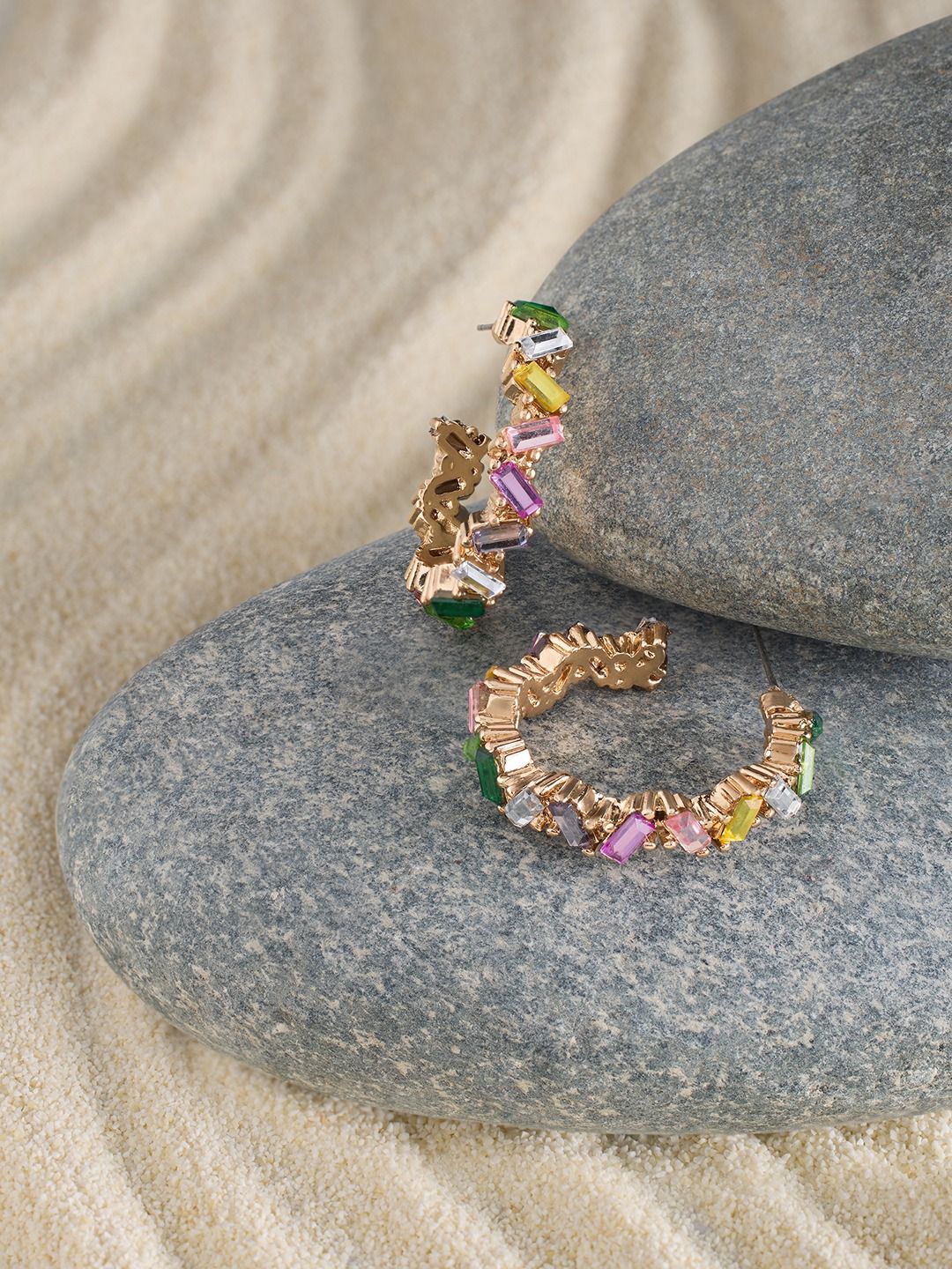 Zaveri Pearls  Gold-Plated Stone Studded Contemporary Hoop Earrings