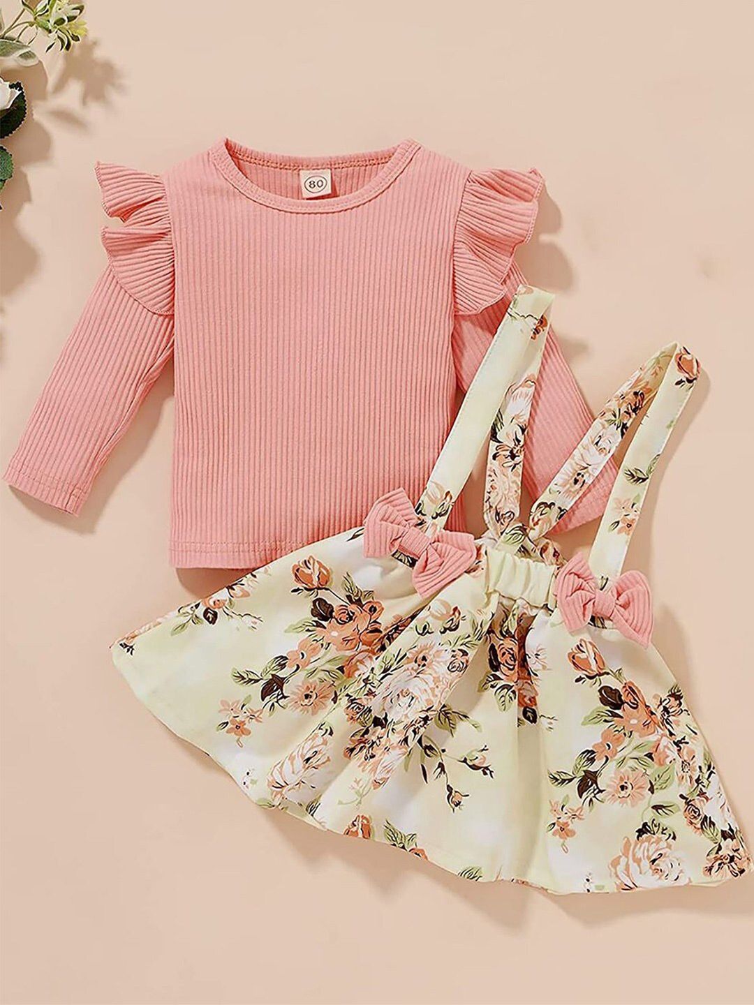 Girls Floral Printed Dungaree With Top