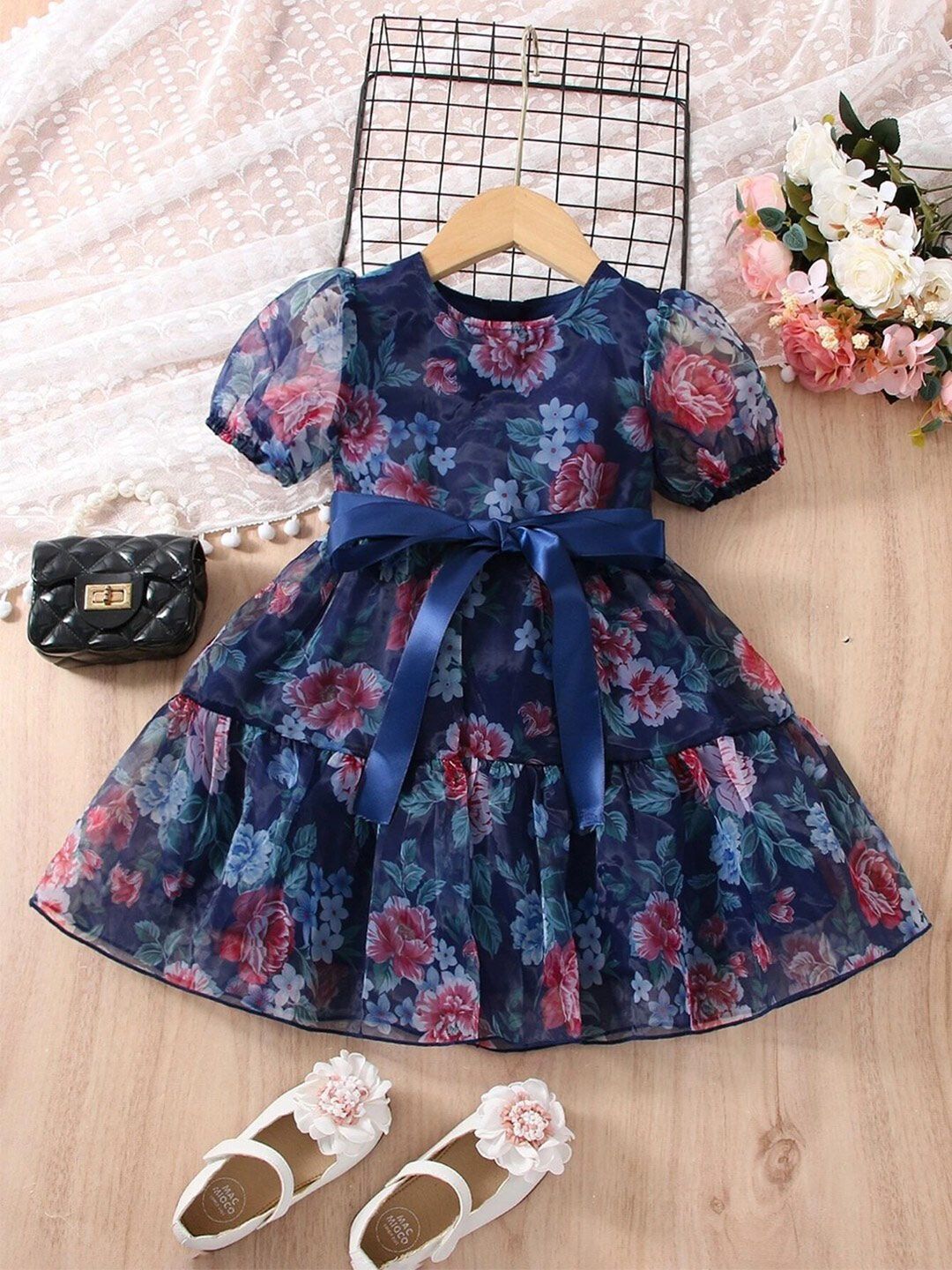 BAESD Floral Print Round neck Short Puff Sleeves Fit & Flare Tiered Dress