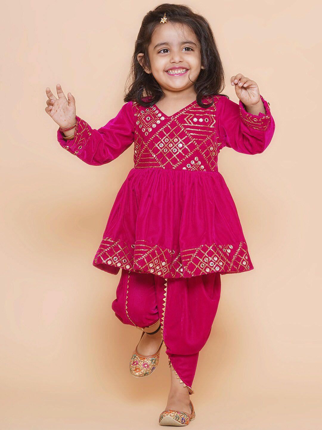 Girls Ethnic Motifs Embroidered Velvet A-Line Mirror Work Kurti With Dhoti Pant