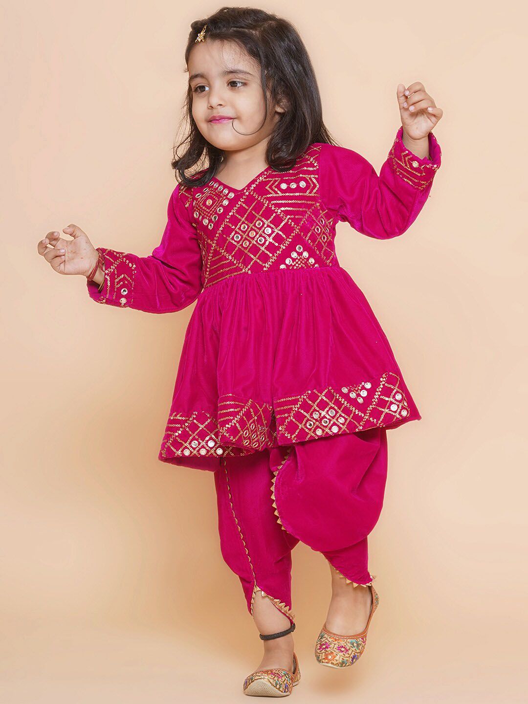 Girls Ethnic Motifs Embroidered Velvet A-Line Mirror Work Kurti With Dhoti Pant 3