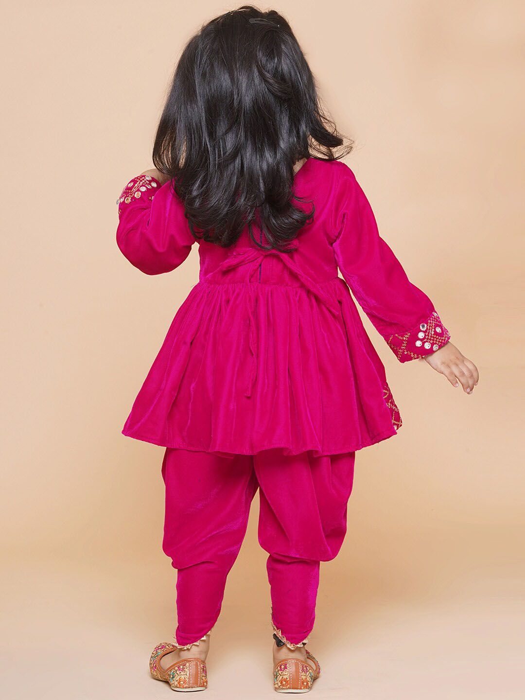 Girls Ethnic Motifs Embroidered Velvet A-Line Mirror Work Kurti With Dhoti Pant 4