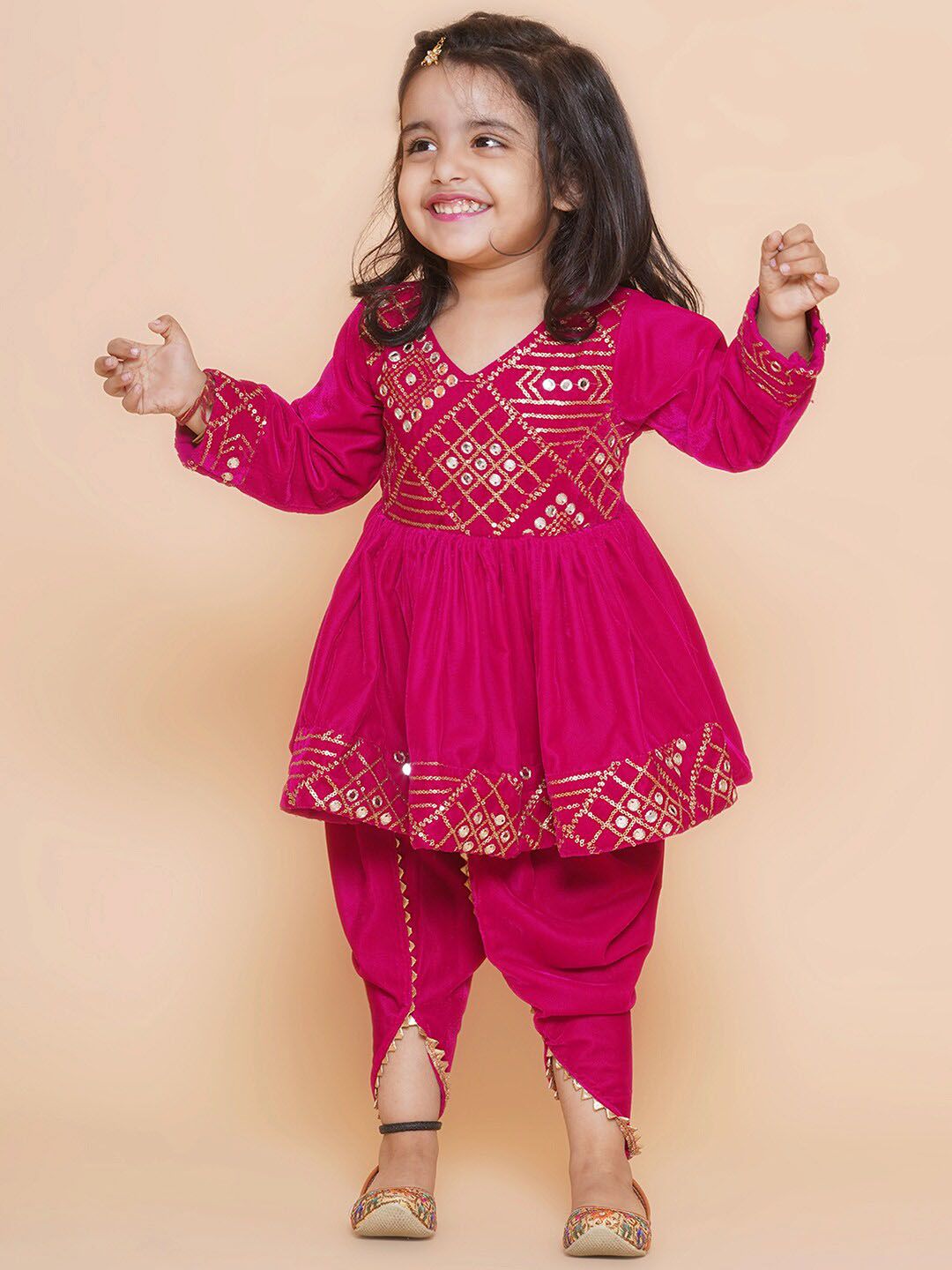 Girls Ethnic Motifs Embroidered Velvet A-Line Mirror Work Kurti With Dhoti Pant 5