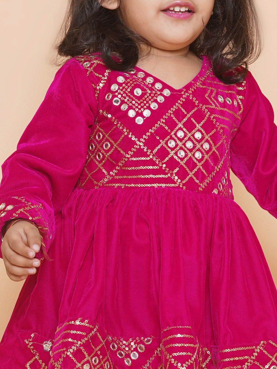 Girls Ethnic Motifs Embroidered Velvet A-Line Mirror Work Kurti With Dhoti Pant 2