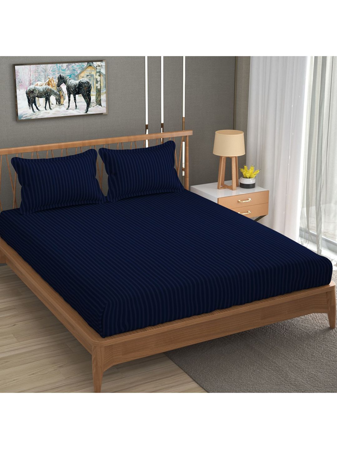 Buy Aura Navy Blue Striped Microfiber 180 TC Double Fine Bedsheet With 2 Pillow Covers 89 X 89 Inches -  - Home for Unisex