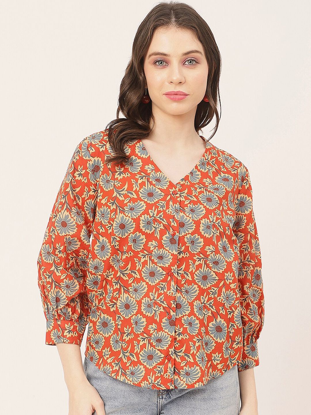 Moomaya Floral Printed Cuffed Sleeves Cotton Casual Shirt Style Top