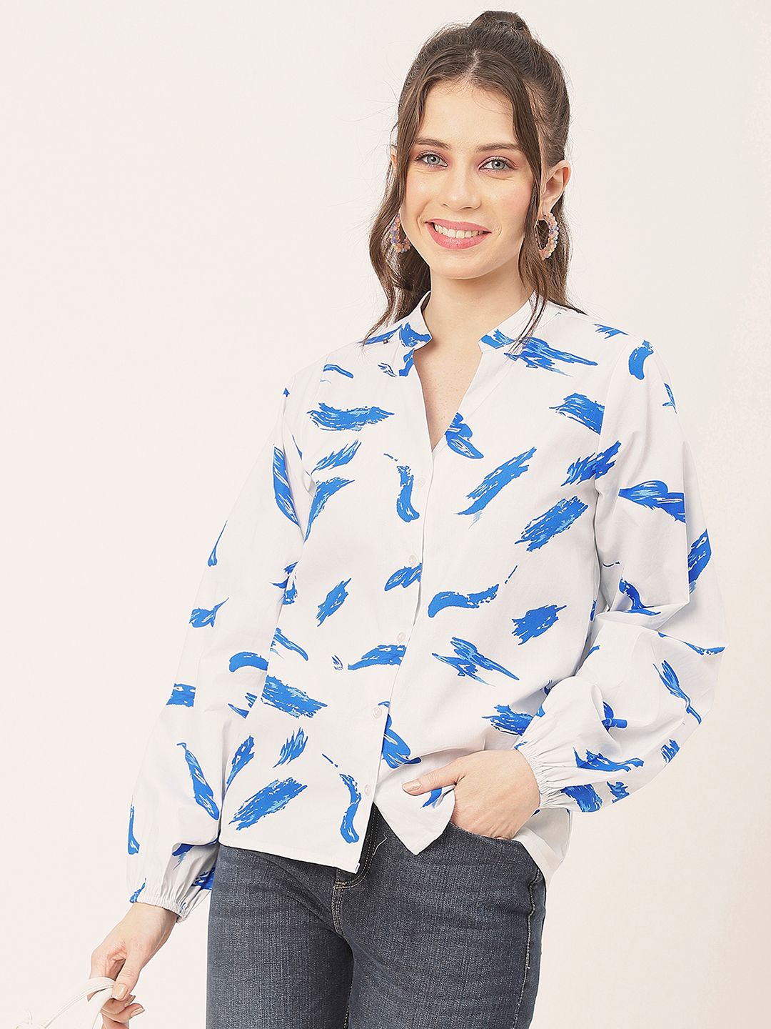 Moomaya Abstract Printed Puff Sleeves Mandarin Collar Cotton Casual Shirt Style Top
