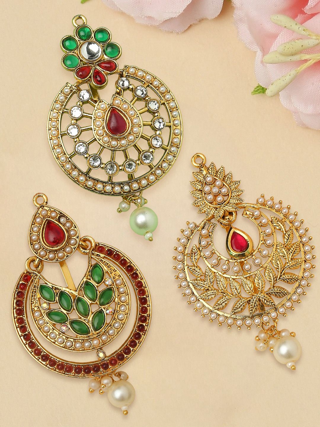 Buy OOMPH Set Of 3 Kundan Studded & Pearls Beaded Pin Hair Accessory -  - Accessories for Women