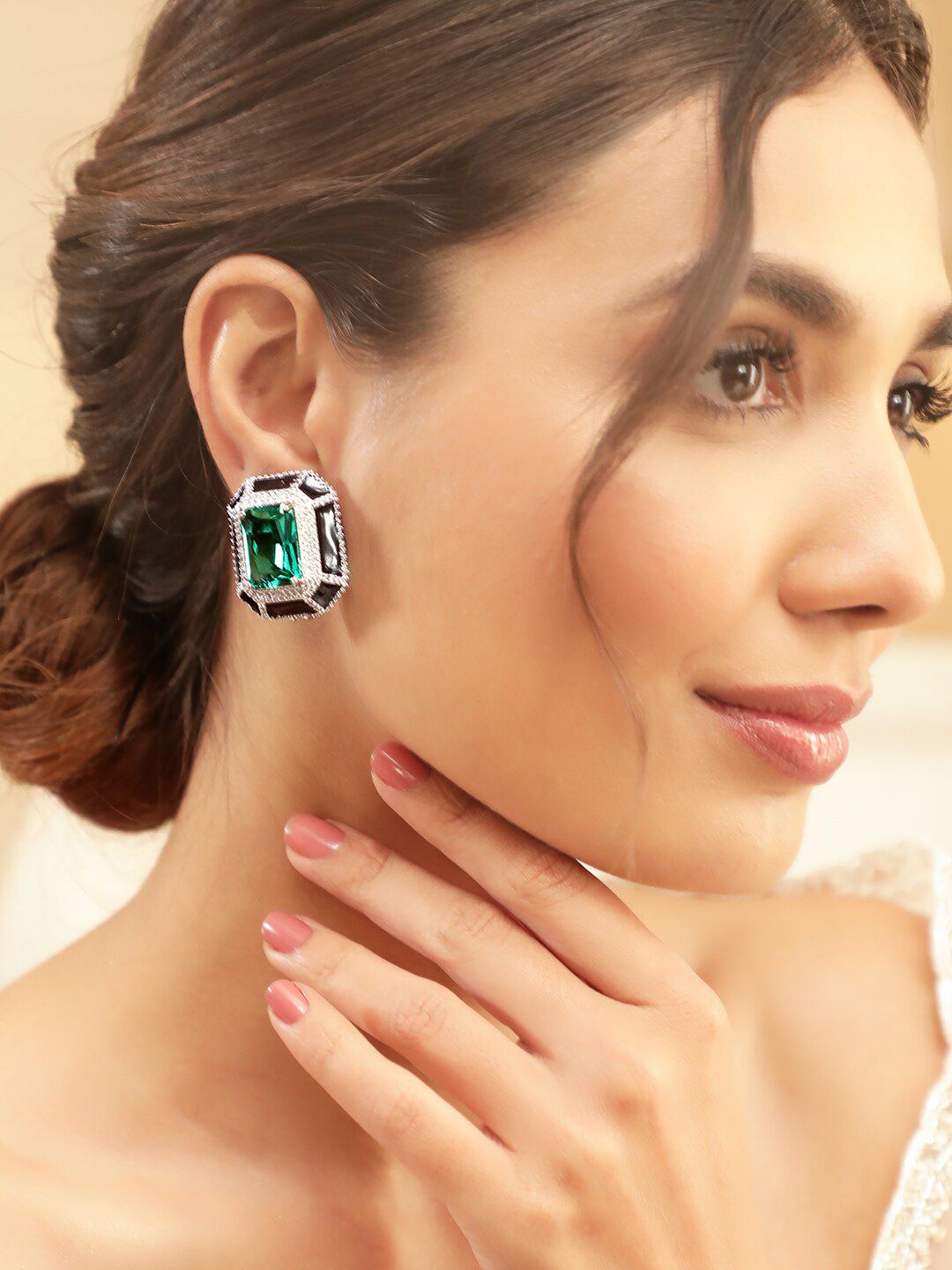 Rubans Premium Rhodium Plated Enamel AAA Cubic Zirconia Statement Stud Earrings