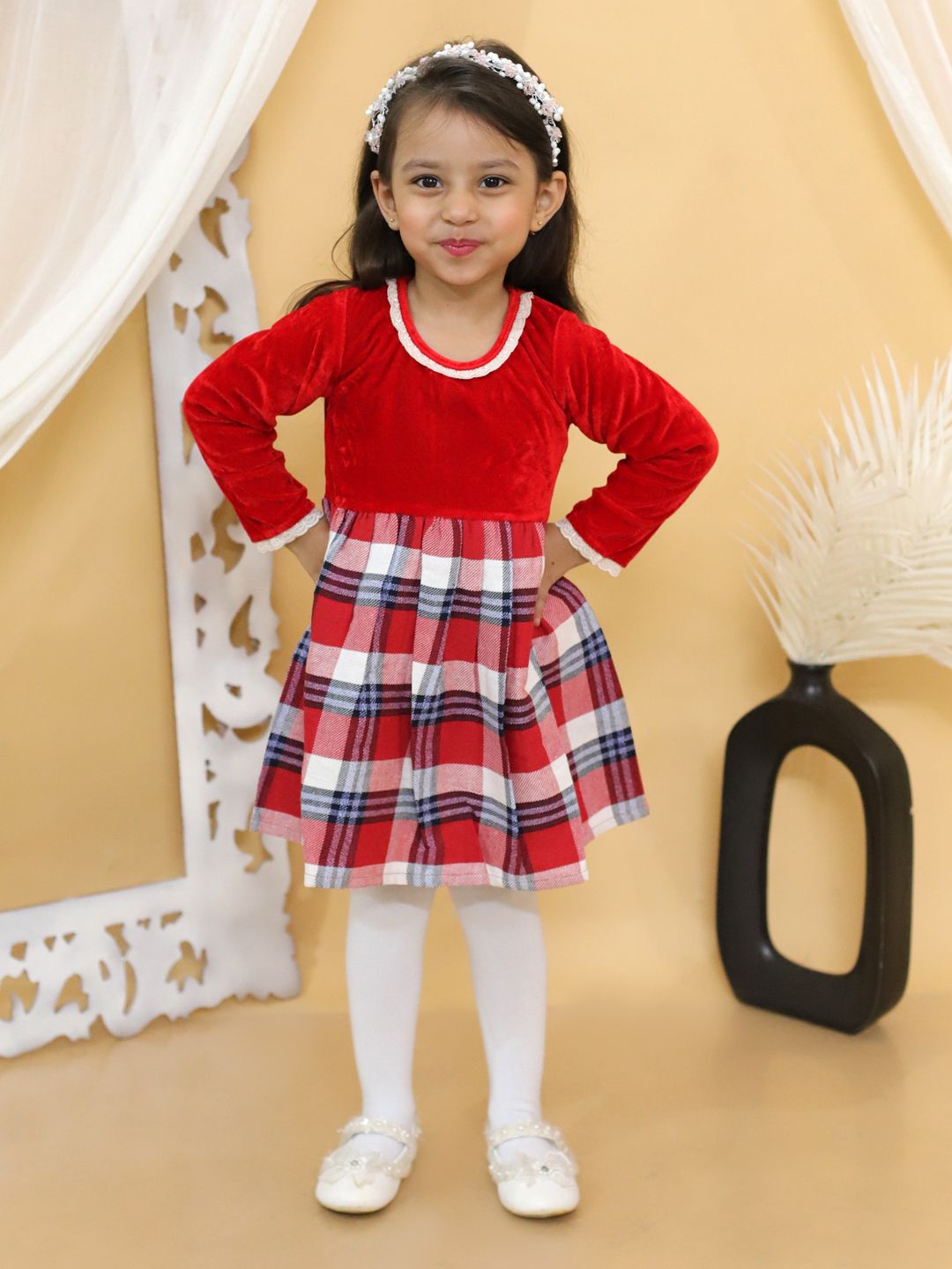 BownBee Girls Checked Round Neck Velvet Fit & Flare Dress