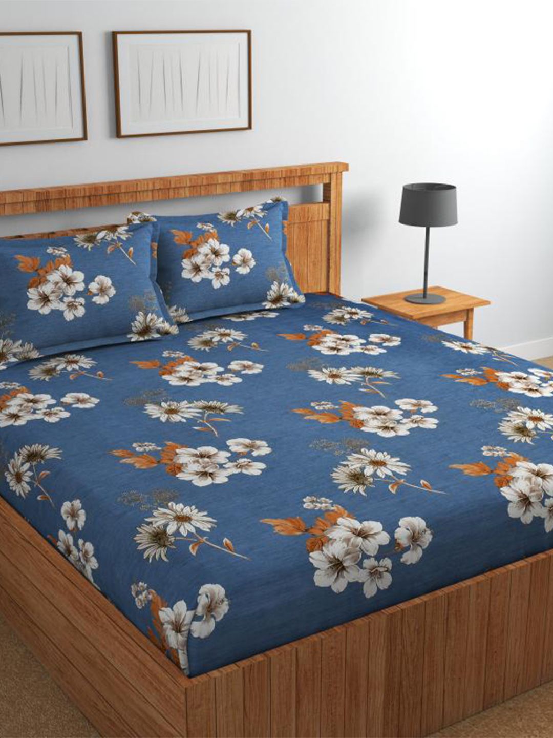 Florida Blue Floral Cotton 180 TC Queen Fine Bedsheet with 2 Pillow Covers-90 x 96 inches