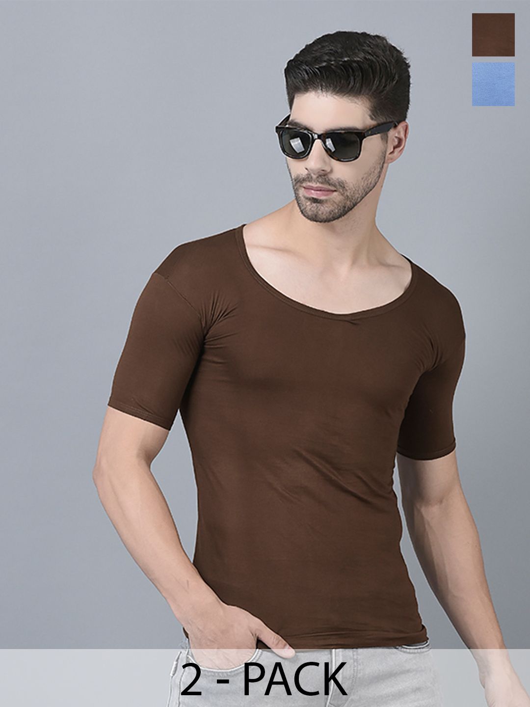 Dollar Lehar Men Combed Cotton Round Neck With Sleeve Vest -Pack of 2- Assorted