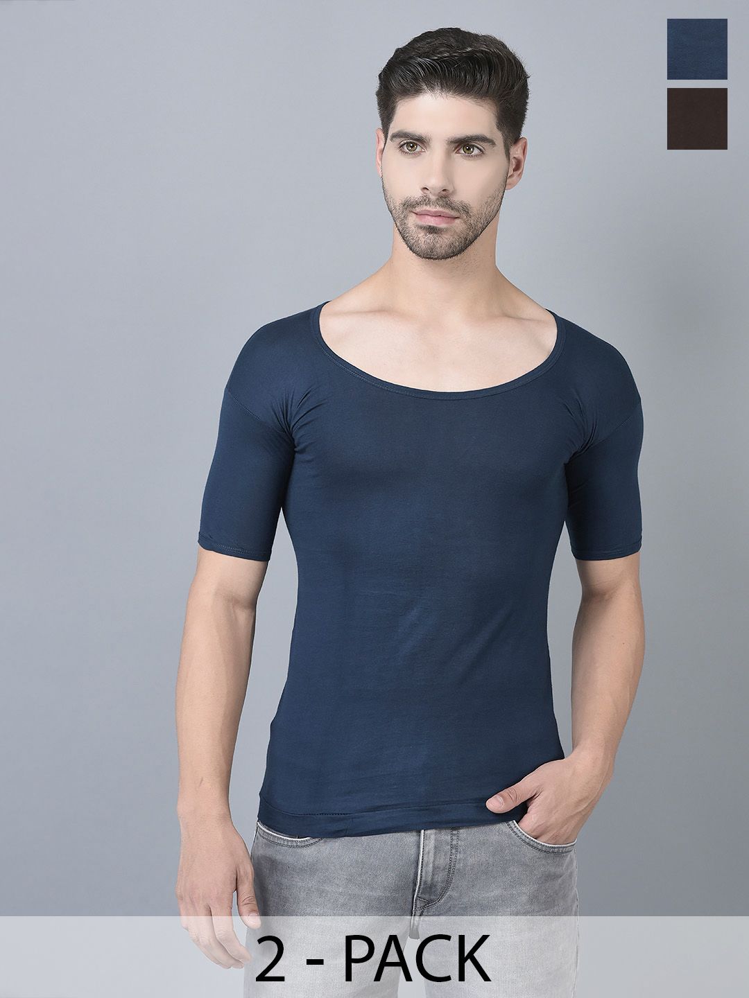 Dollar Lehar Men Combed Cotton Round Neck With Sleeve Vest -Pack of 2- Assorted