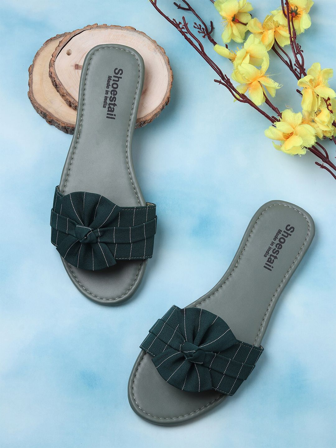 Shoestail Printed Bows Detail Open Toe Flats