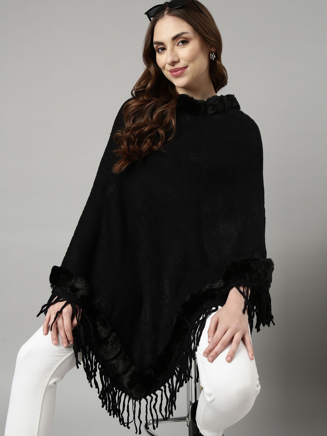 SHOWOFFFF Round Neck Long Sleeves Longline Poncho with Fringed Detail