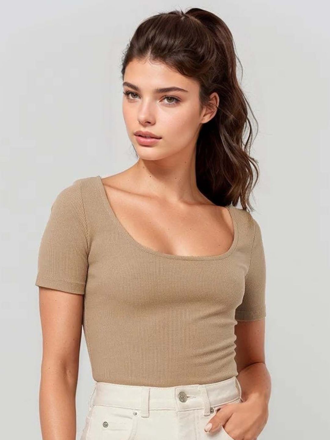 MYWISHBAG Scoop neck Short Sleeve Striped Regular Top