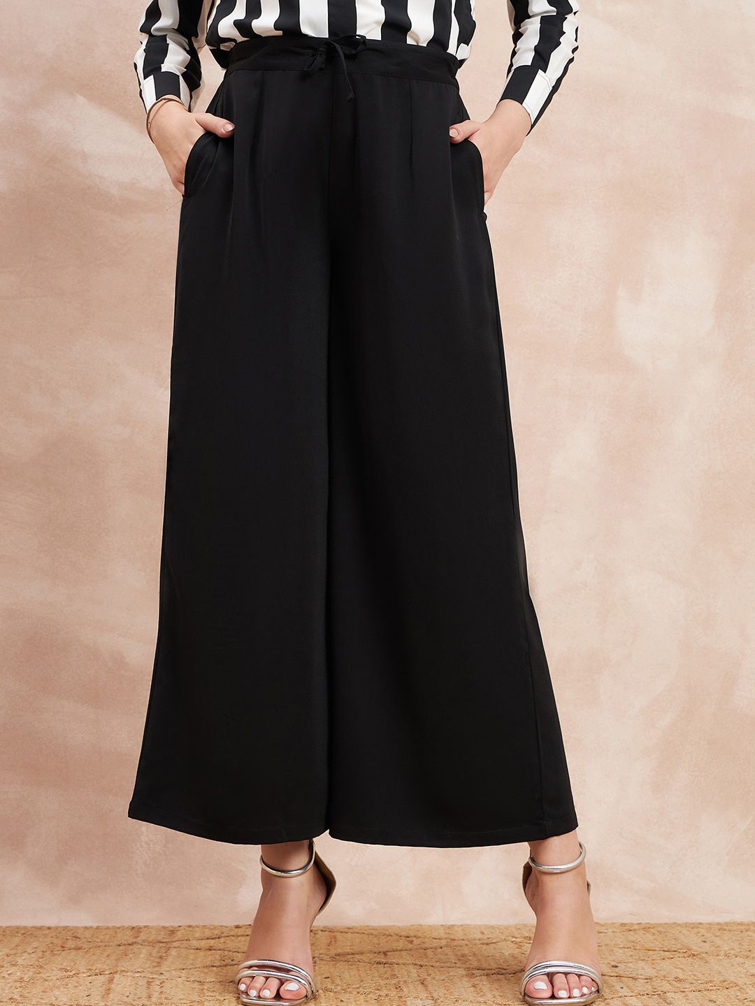 all about you Women Black Comfort Flared High-Rise Pleated Trousers