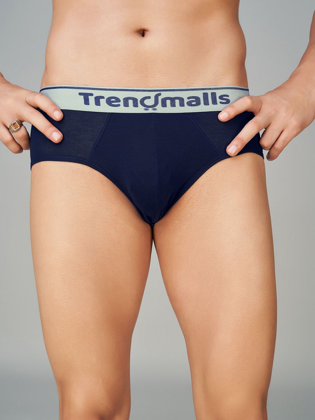 Trendmalls Brand Logo Printed 4-Way Stretch Modal Basic Brief TM-MU01-Navy Blue-S