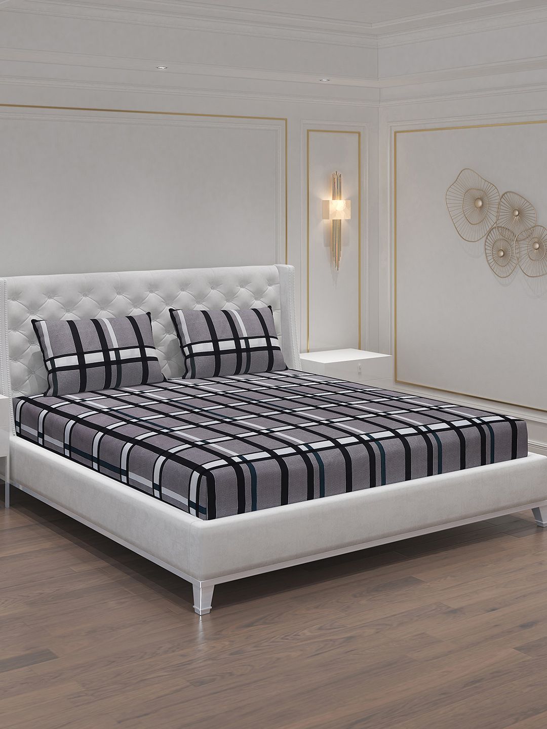 Moca By Monte Carlo Grey Geometric Polycotton 120 TC Queen 2 Bedsheet with 4 Pillow Covers-220 x 240 cm