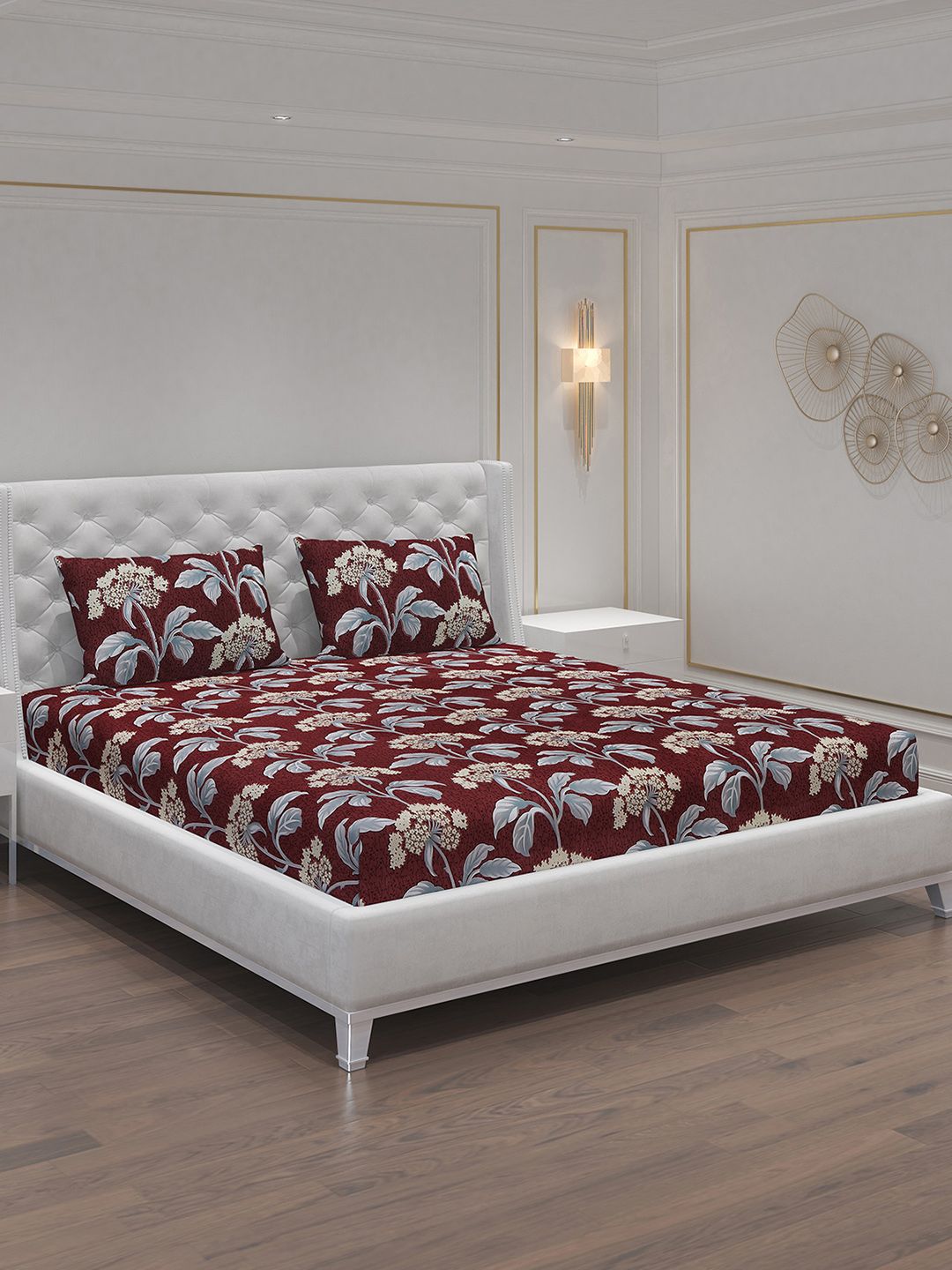 Moca By Monte Carlo Maroon Floral Polycotton 120 TC Queen 2 Bedsheet with 4 Pillow Covers-87 x 94 inches