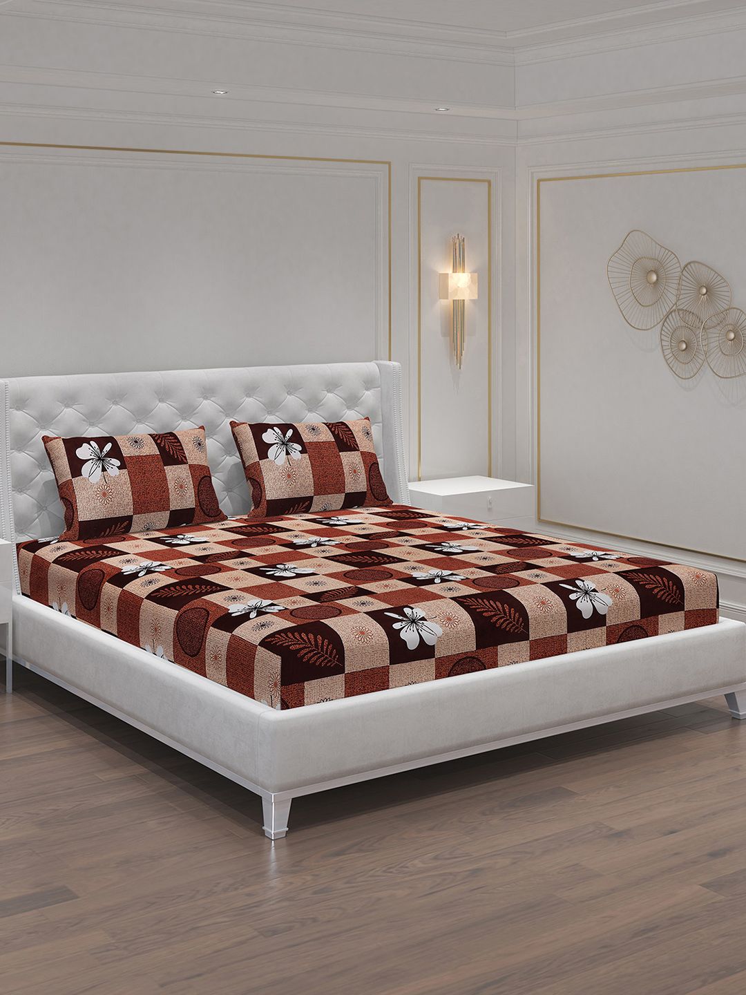 Moca By Monte Carlo Dazzle Brown Floral Polycotton 120 TC Queen 2 Bedsheet with 4 Pillow Covers-87 x 94 inches