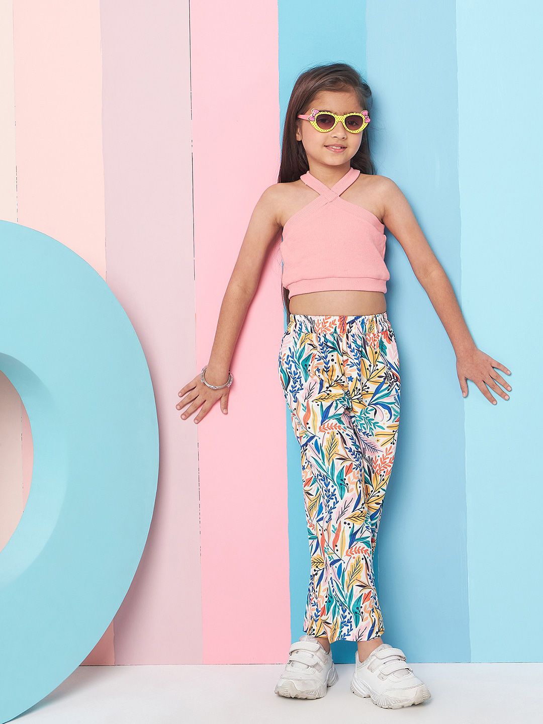 pspeaches Girls Sleeveless Top With Tropical Printed Trouser