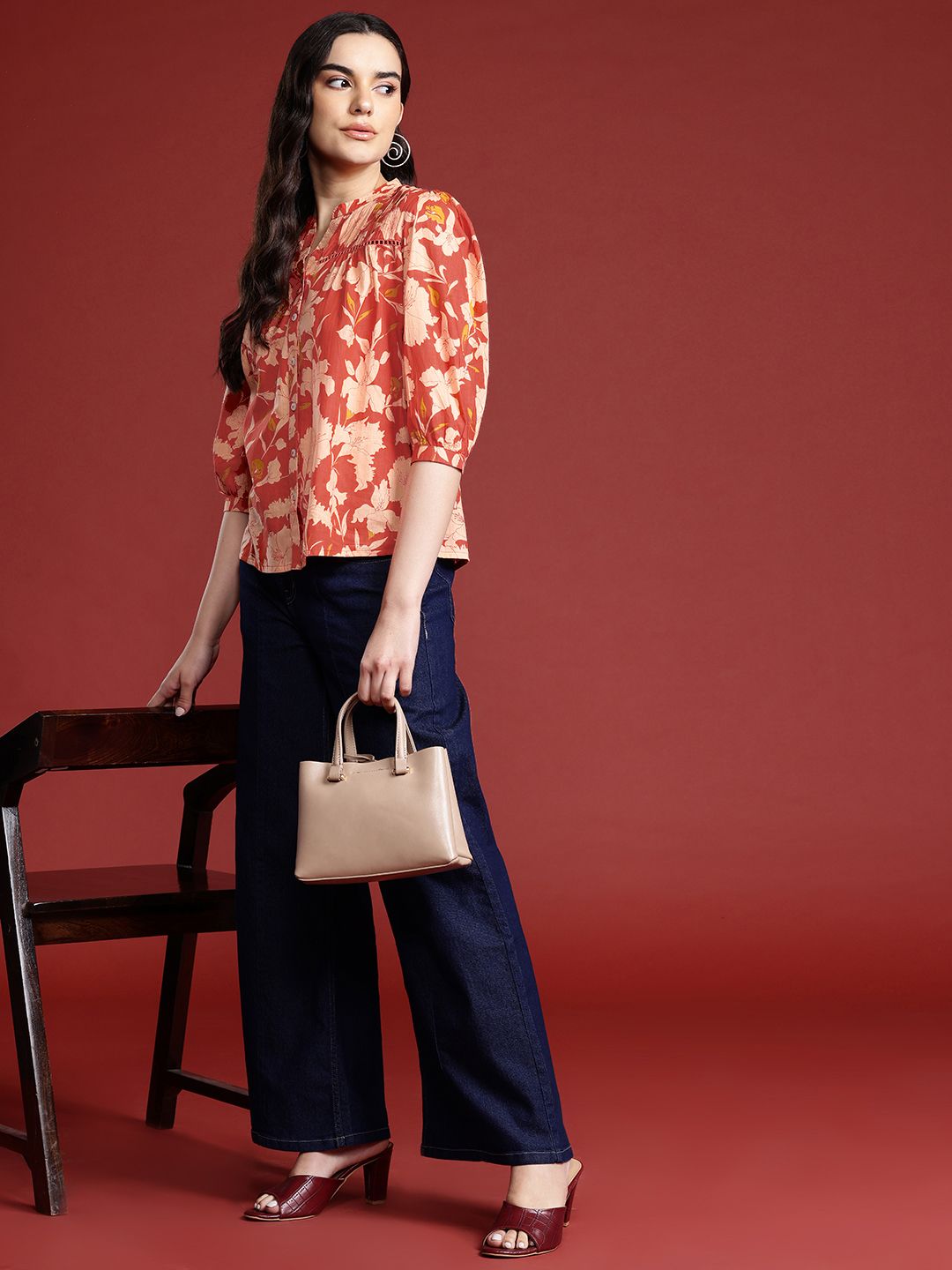all about you Floral Print Mandarin Collar Puff Sleeves  Cotton Shirt Style Top