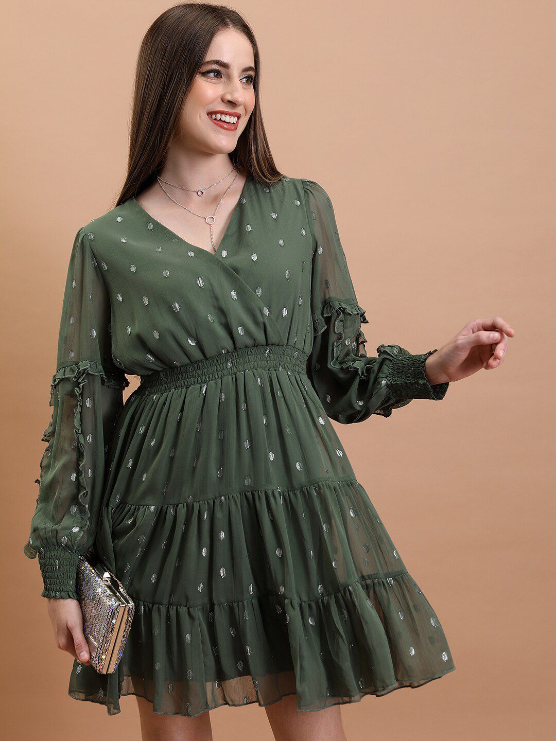 Tokyo Talkies Floral Printed V-Neck Puff Sleeves Tiered Detail Fit & Flare Mini Dress