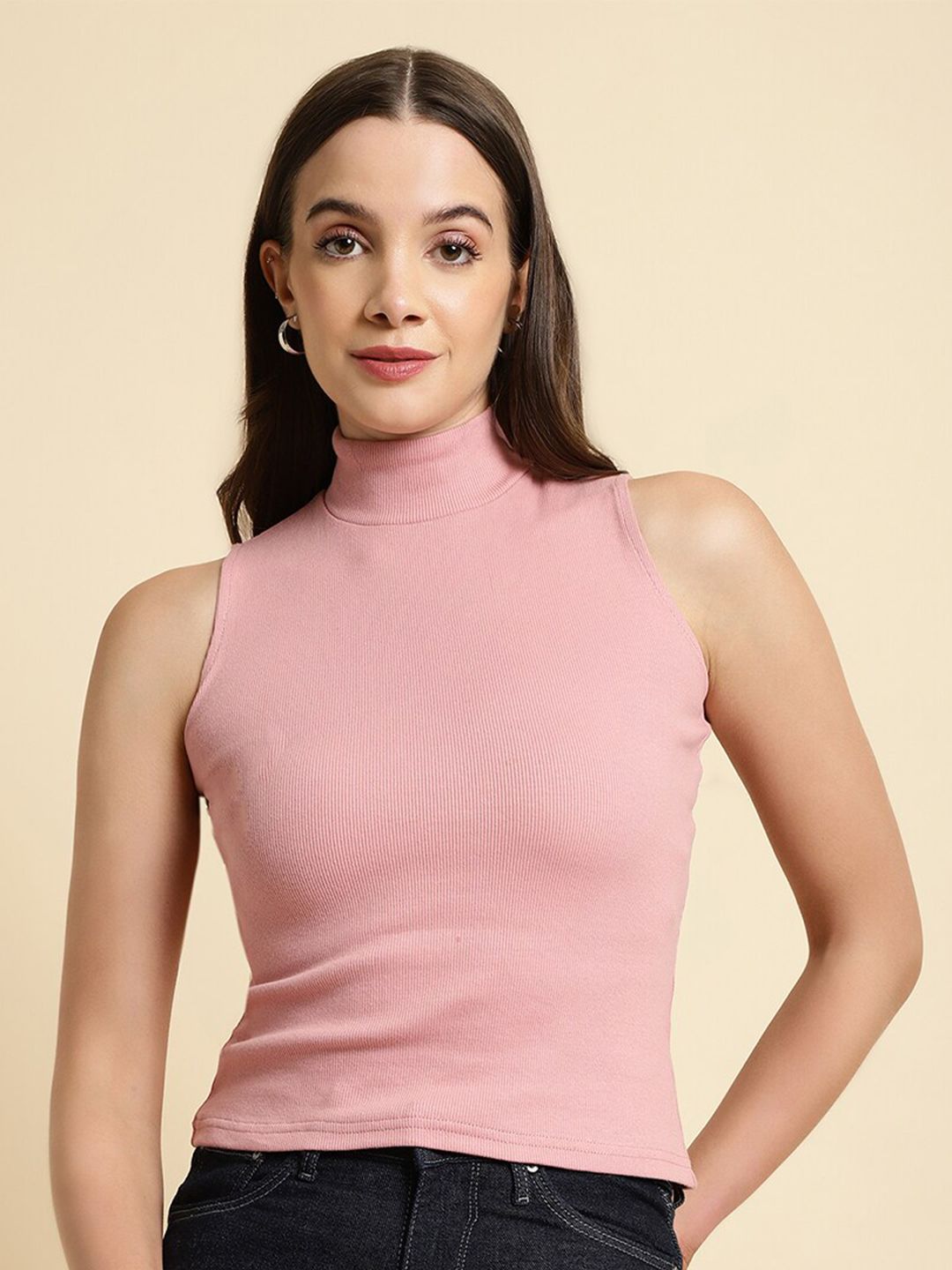UnaOne High Neck Ribbed Sleeveless Fitted Top
