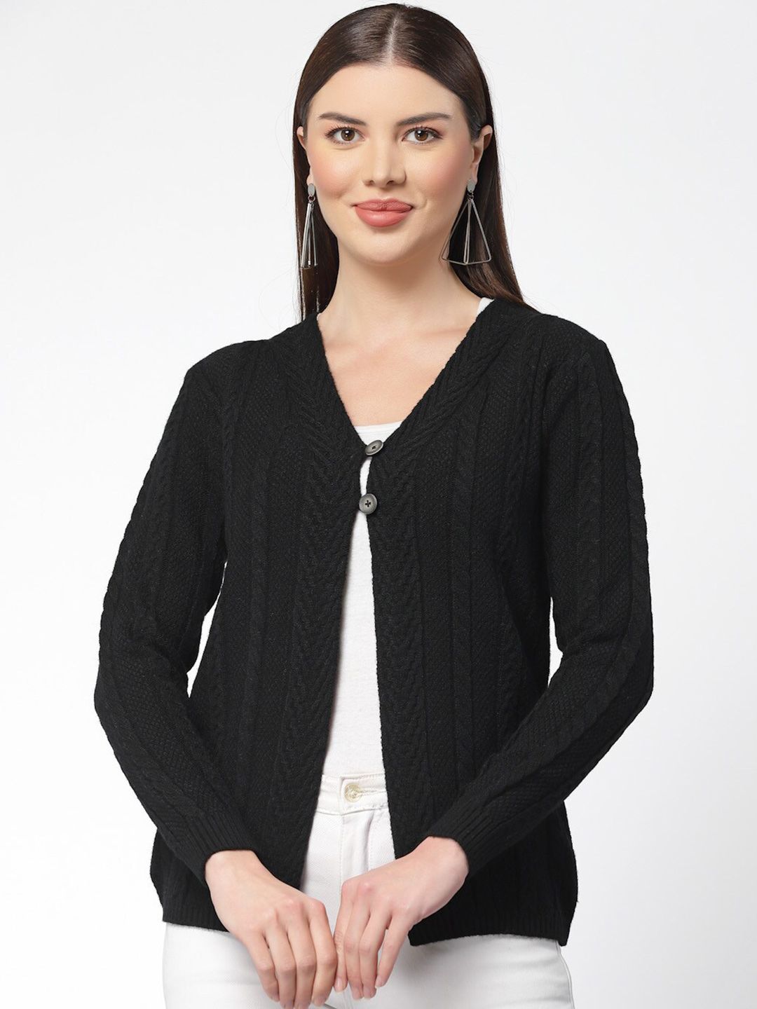 Kalt Cable Knit Self Design V-Neck Acrylic Woollen Ribbed Cardigan