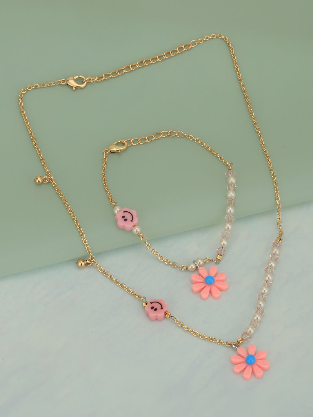 Carlton London Girls Gold-Plated with Floral & Smiley Beaded Jewellery Set