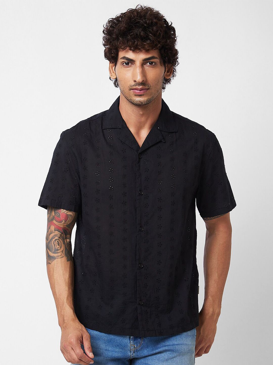 SPYKAR Men Textured Cuban Collar Cotton Regular Slim Fit Casual Shirt