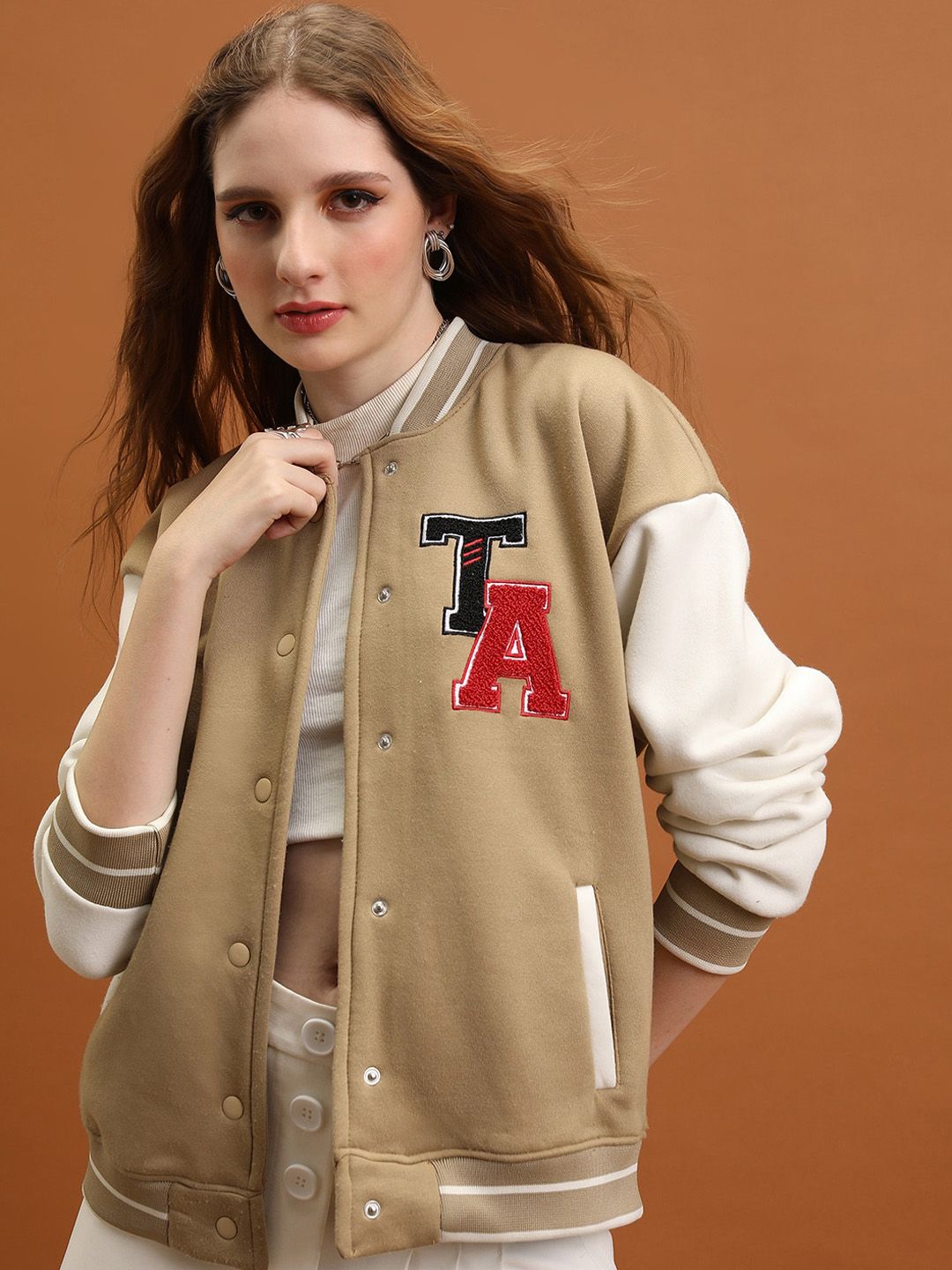 Tokyo Talkies Brown Typography Embroidered Mock Collar Relaxed Varsity Jacket