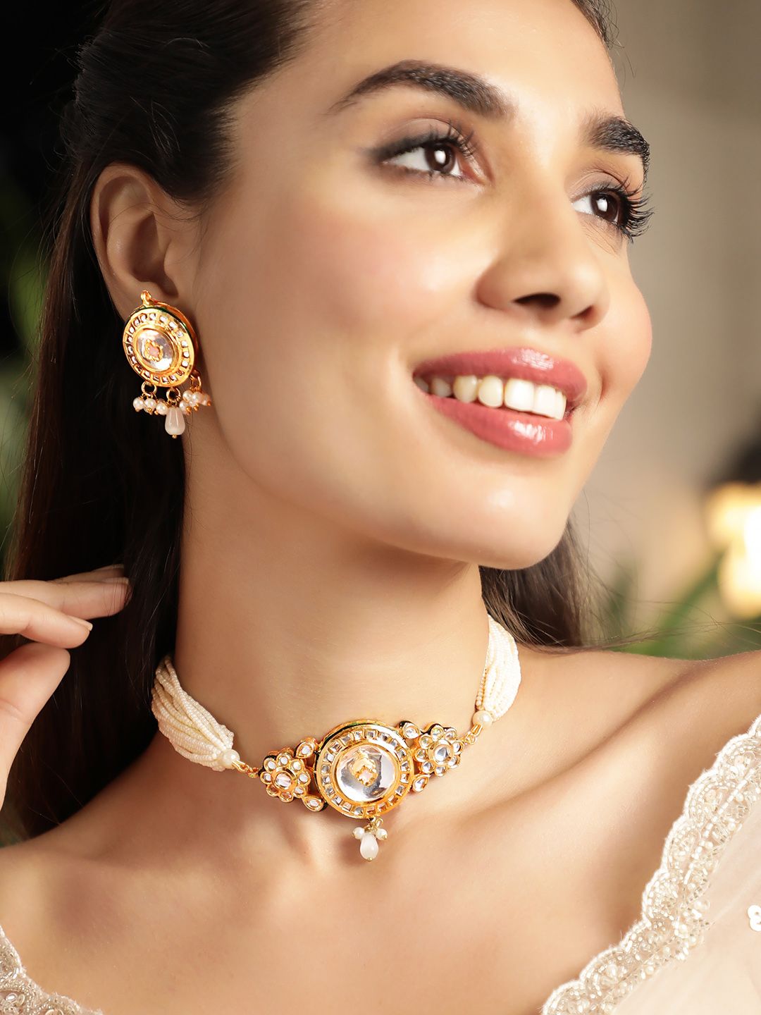 Rubans 22K Gold Plated Handcrafted Kundan & Pearl Choker NecklaceSet with Thread Detailing