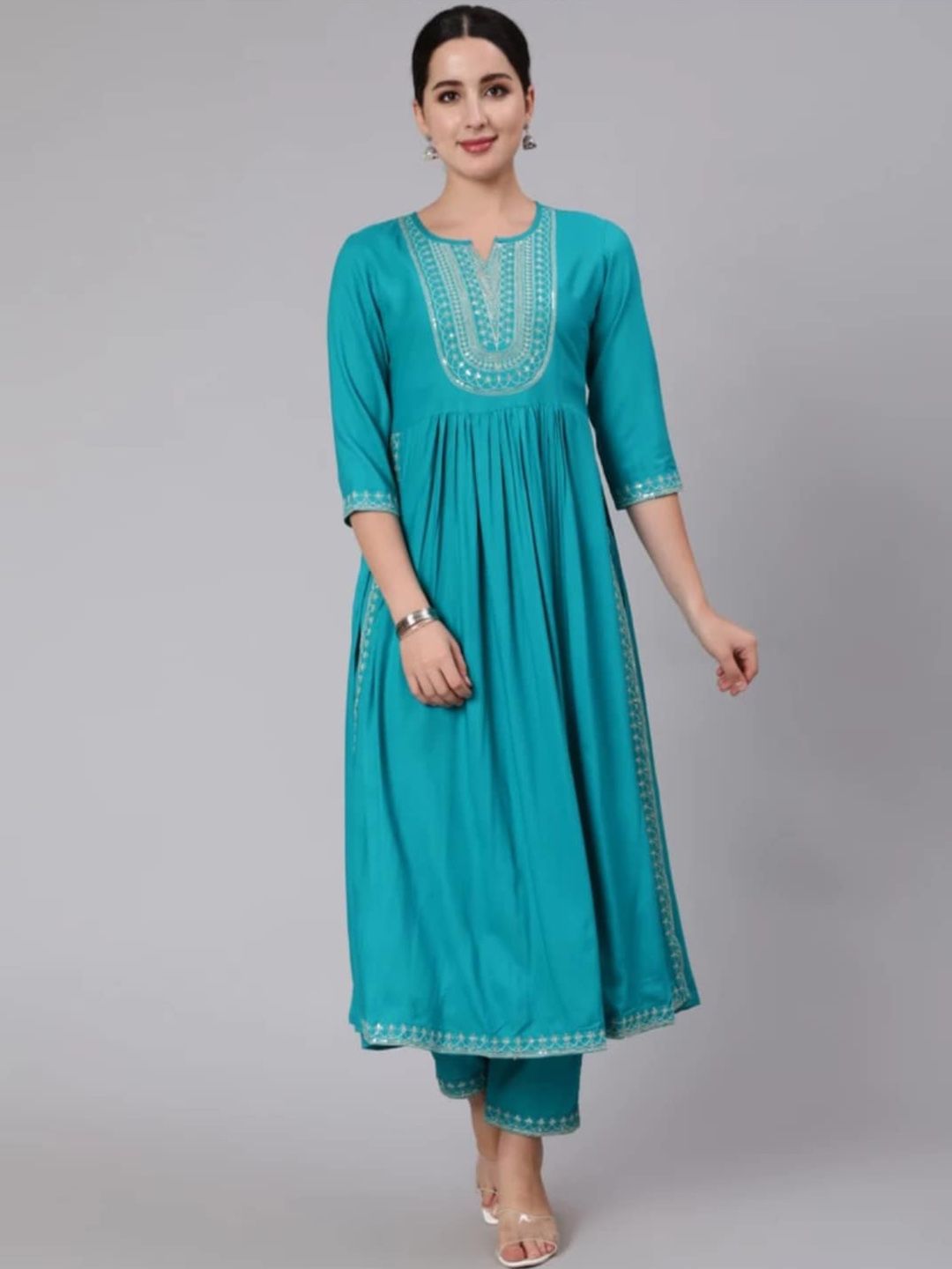 ANJAYA Ethnic Motifs Embroidered Pleated Thread Work Notched Neck Kurta with Trousers