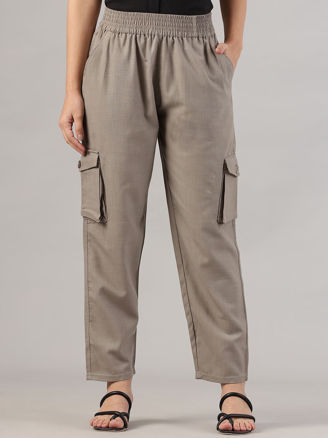 FITHUB Women Straight Fit High-Rise Cotton Cargo Trouser