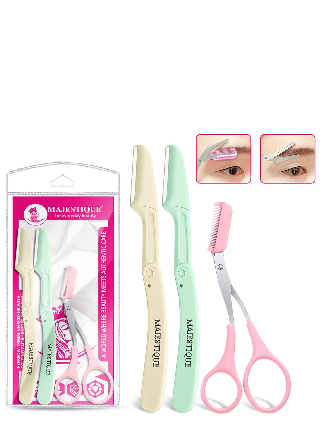 MAJESTIQUE 3-Pcs Eyebrow Trimmer Scissors With Folding Facial Razors