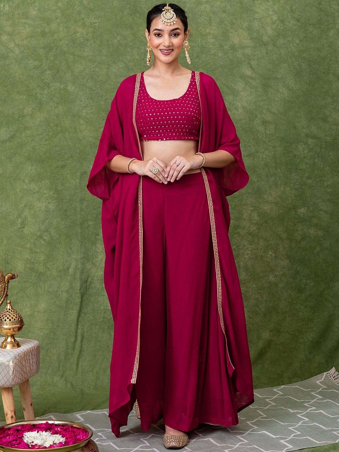KASYA Embroidered Round-Neck Ethnic Crop Top With Palazzo & Shrug
