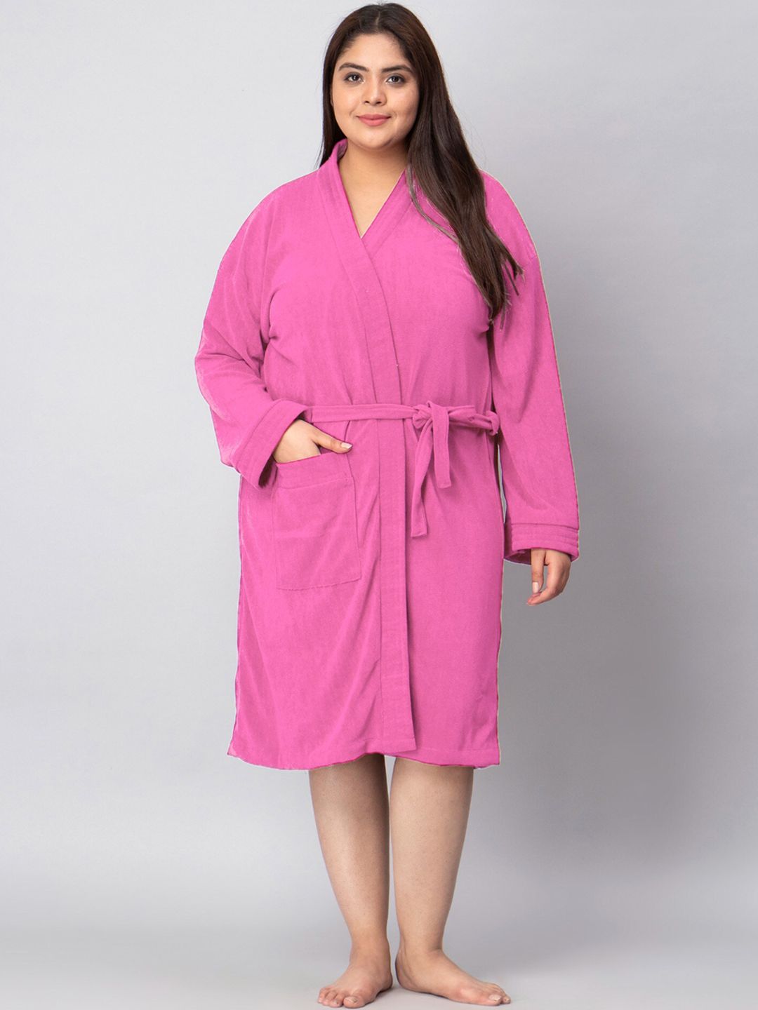LacyLook Pink Solid Terrycloth Drawstring Knee Length Bath Robe-3XL
