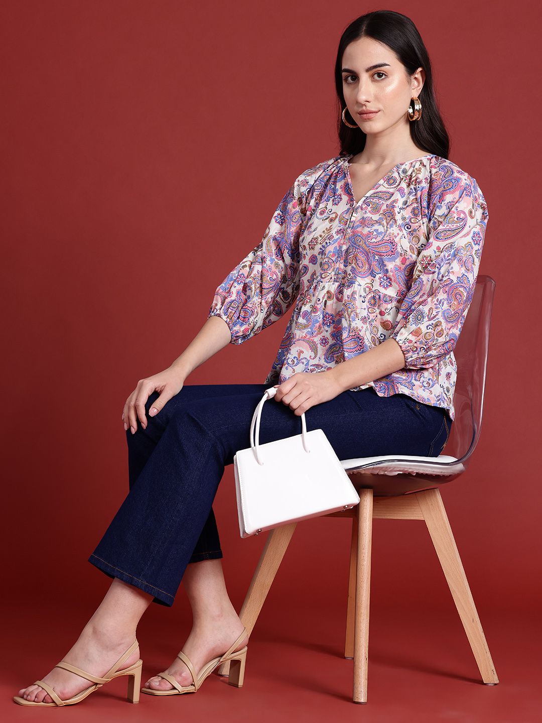 Routes by All About You Printed Mandarin Collar Puff Sleeves Cotton Top
