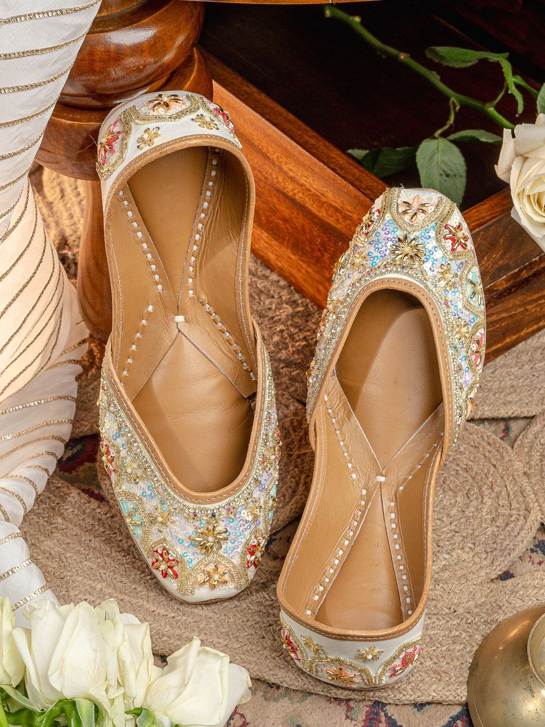NR By Nidhi Rathi Embellished Square Toe Mojaris Leather Ethnic Flats